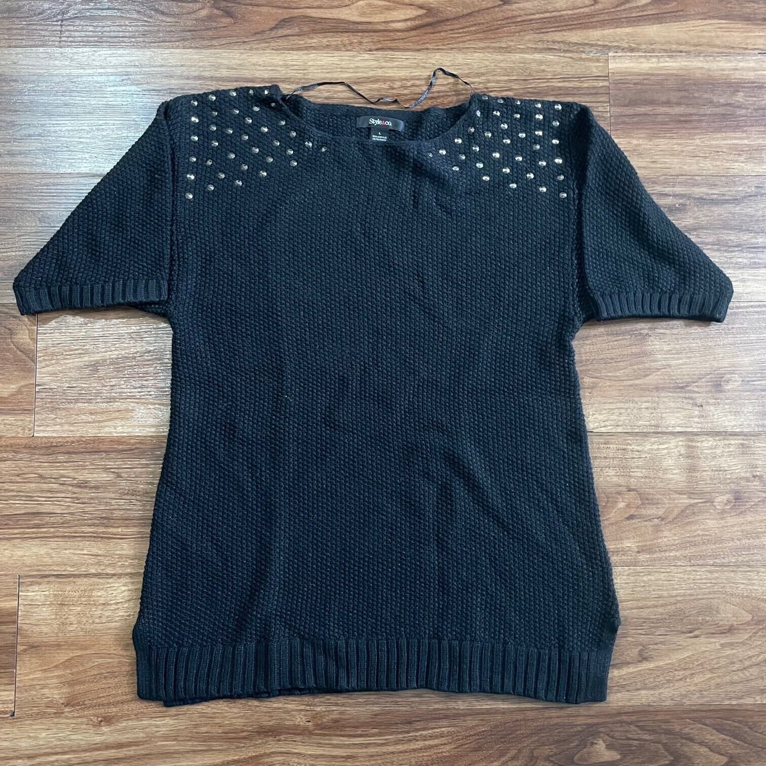 Style & Co Blouse Black Short Sleeve Pullover Knit Acrylic Shirt Women's Large